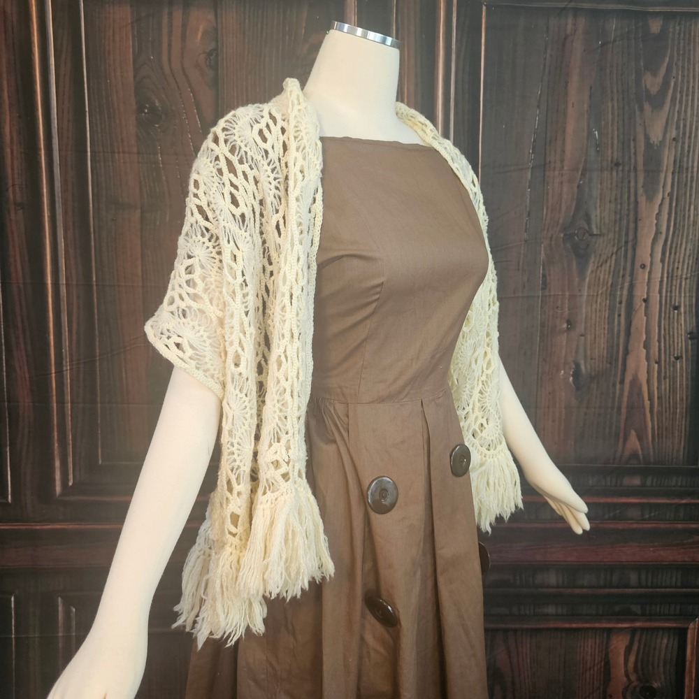 Vintage 1970s Crochet Fringe Shawl Wrap Cream Ivory Boho Handmade Lace Scarf